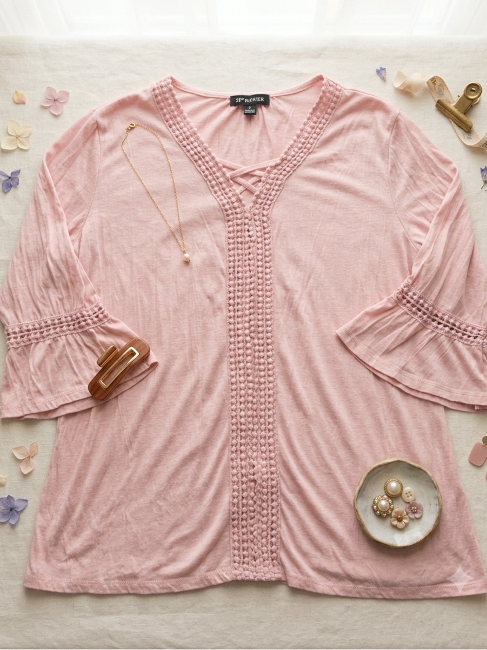Place Pink Crochet-Trim V-Neck Women's Top